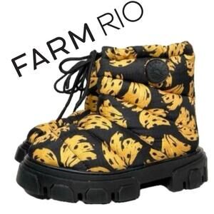 FARM RIO BOOTS BLACK YELLOW BANANA BUNCH LUG SOLE PUFFER CHUNKY BOOTIE SZ 6 Rare